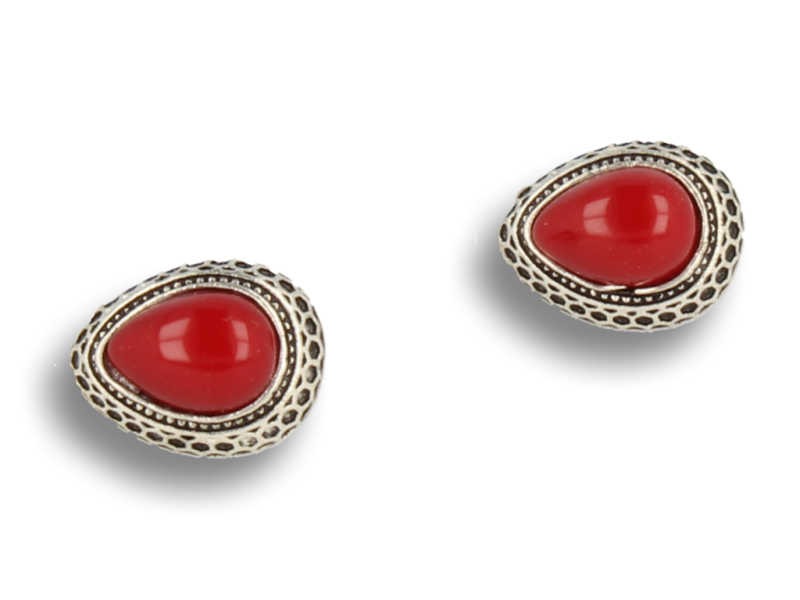 Klipsy do uszu srebrne w kształcie łezki z bordową perełką styl vintage