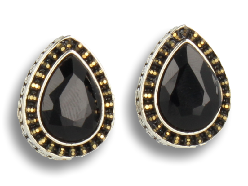 Klipsy do uszu srebrne w kształcie łezki z czarną perełką styl vintage