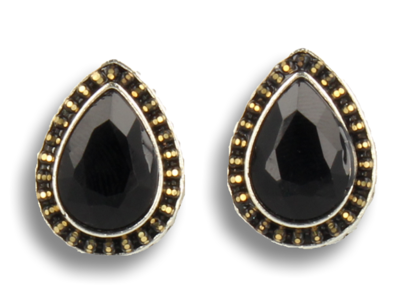 Klipsy do uszu srebrne w kształcie łezki z czarną perełką styl vintage