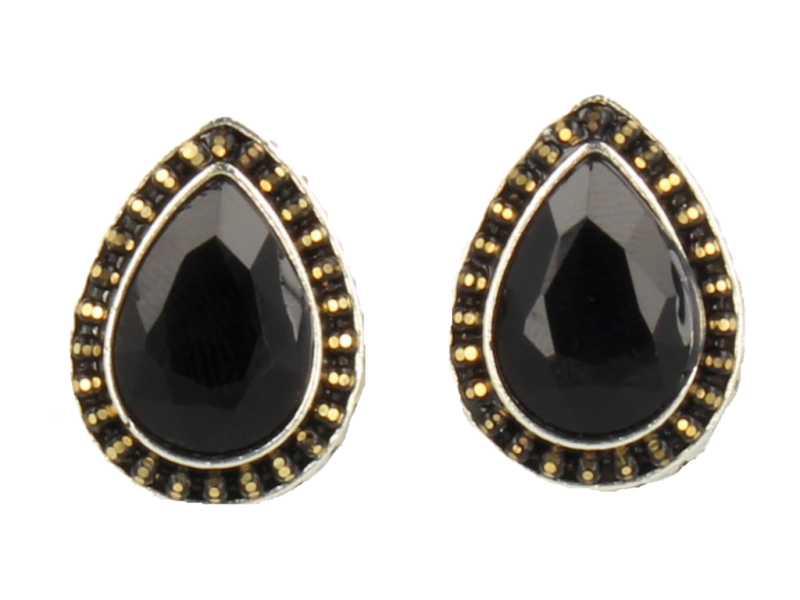 Klipsy do uszu srebrne w kształcie łezki z czarną perełką styl vintage