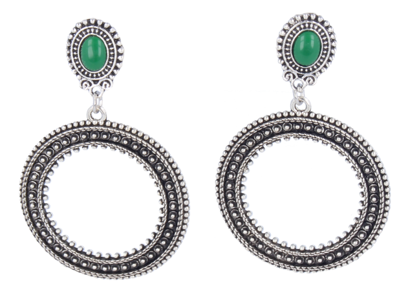 Klipsy do uszu wiszące koła z zielonym kamieniem