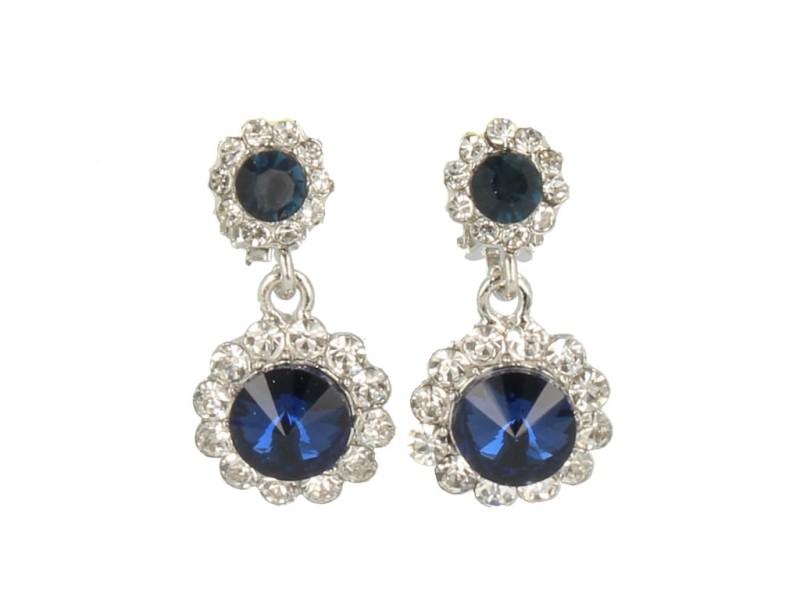 Klipsy do uszu srebrne wiszące z kryształkami granatowe