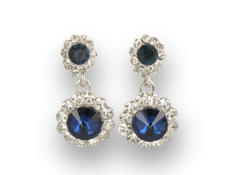 Klipsy do uszu srebrne wiszące z kryształkami granatowe