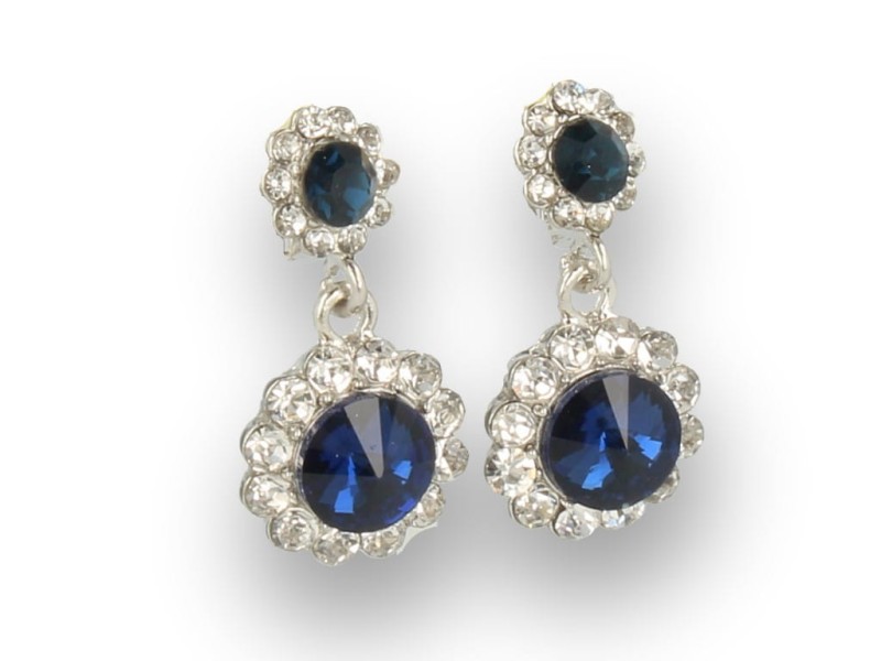 Klipsy do uszu srebrne wiszące z kryształkami granatowe