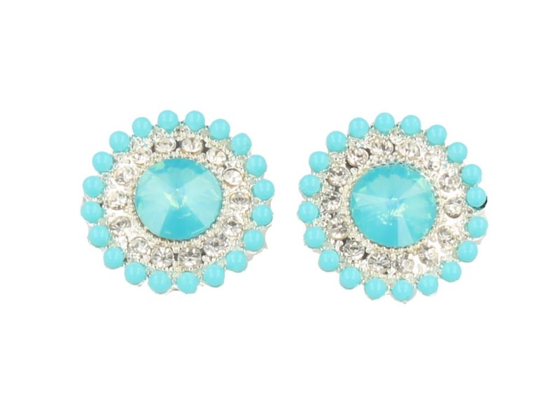 Klipsy do uszu srebrne turkusowe z kryształkami okrągłe