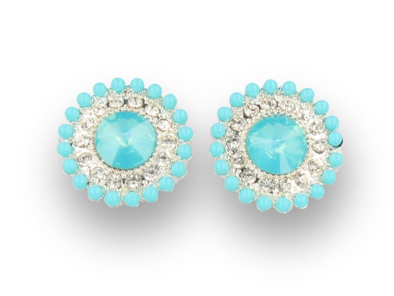Klipsy do uszu srebrne turkusowe z kryształkami okrągłe