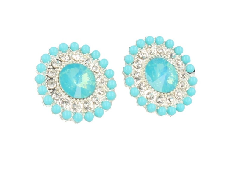 Klipsy do uszu srebrne turkusowe z kryształkami okrągłe