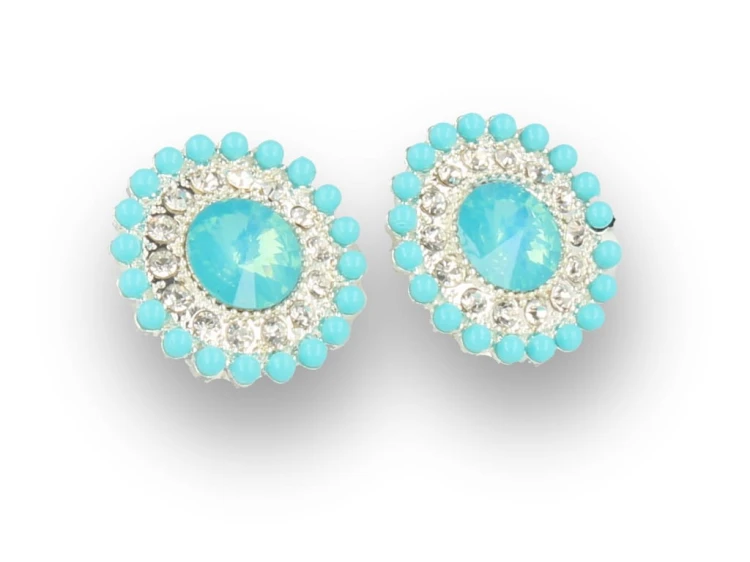 Klipsy do uszu srebrne turkusowe z kryształkami okrągłe