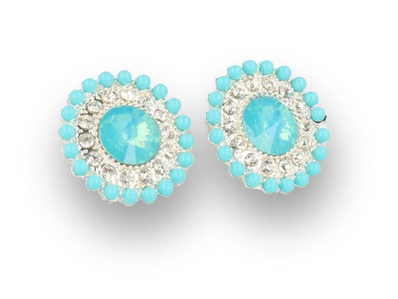 Klipsy do uszu srebrne turkusowe z kryształkami okrągłe