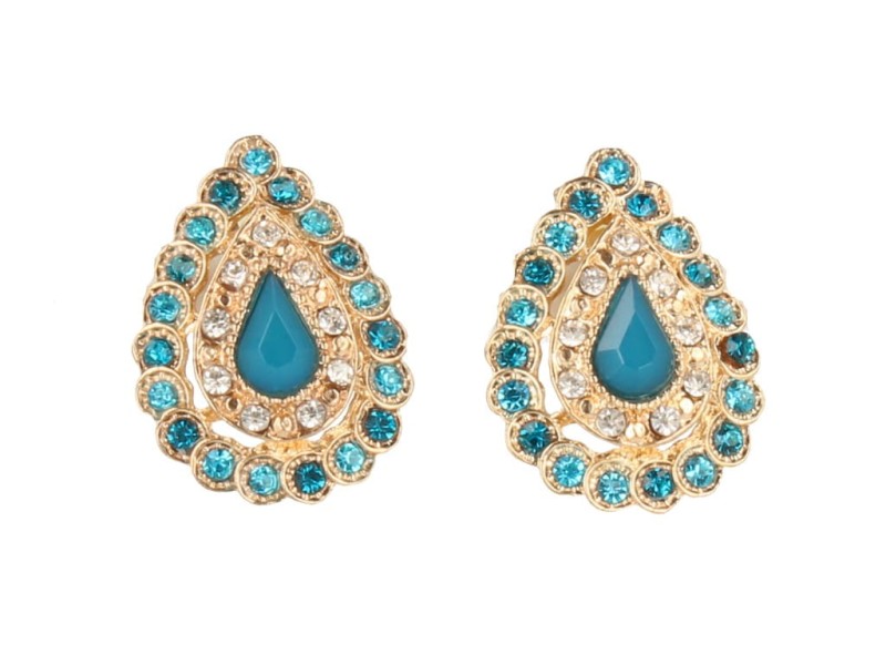 Klipsy do uszu złote z turkusowymi kryształkami łezki