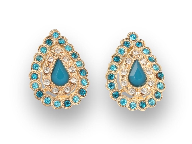 Klipsy do uszu złote z turkusowymi kryształkami łezki