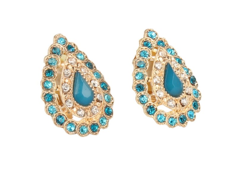 Klipsy do uszu złote z turkusowymi kryształkami łezki