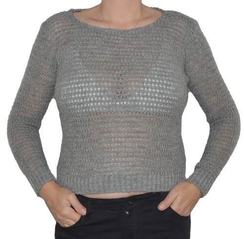 Sweter damski oversize wełna szary ażurowy