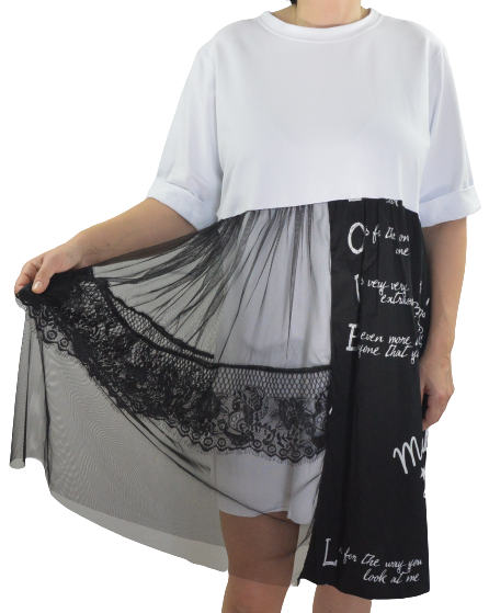 Sukienka włoska oversize  z koronką biało-czarna