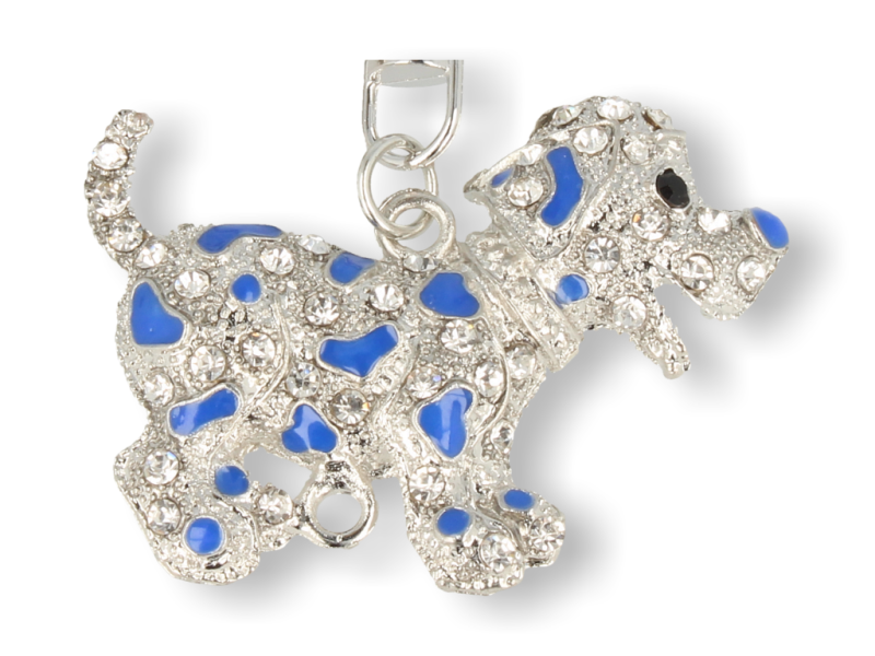 Brelok srebrny - zawieszka Piesek z granatowymi łatkami