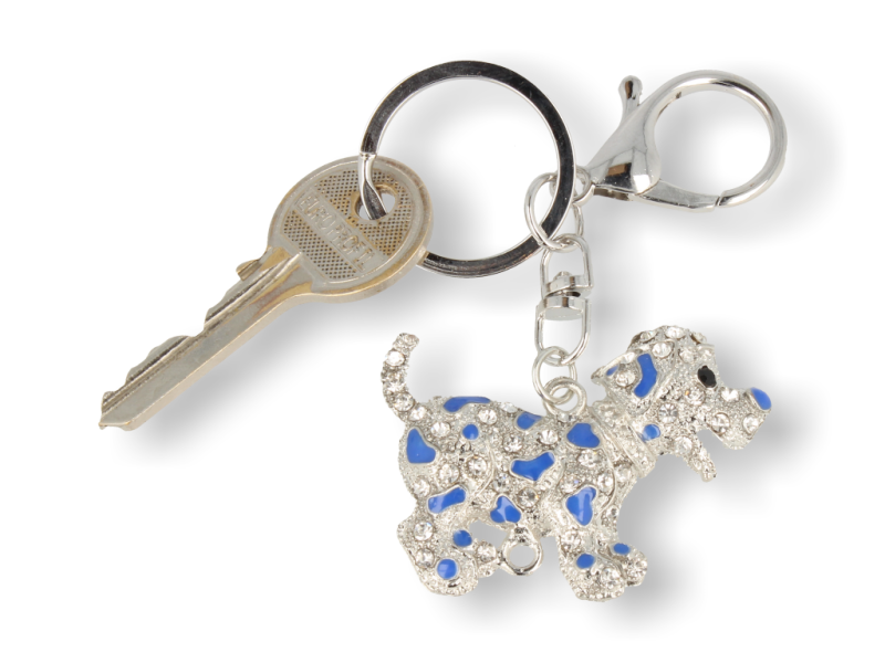 Brelok srebrny - zawieszka Piesek z granatowymi łatkami