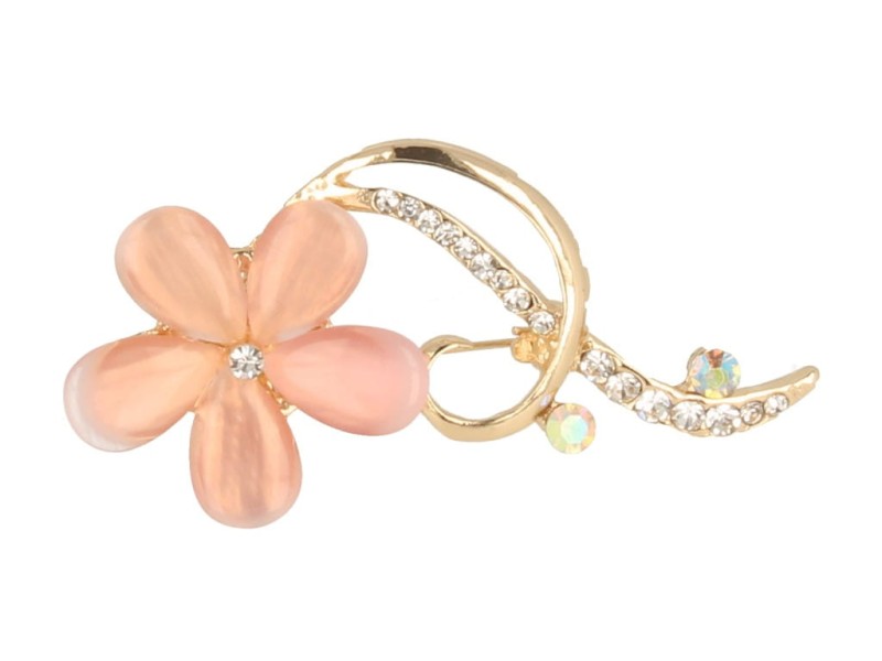 Broszka agrafka złoty kwiatek z różowymi kamieniami
