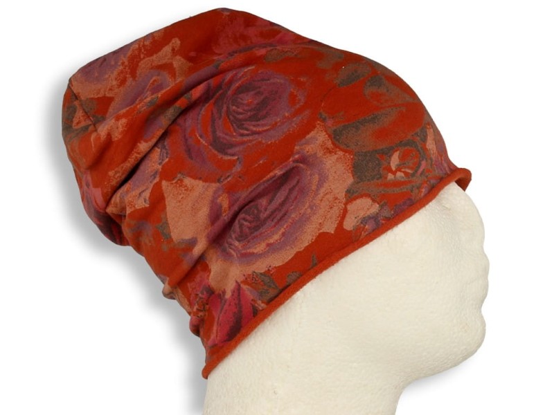 Czapka damska Beanie włoska cienka smerfetka bawełna ruda w kwiaty