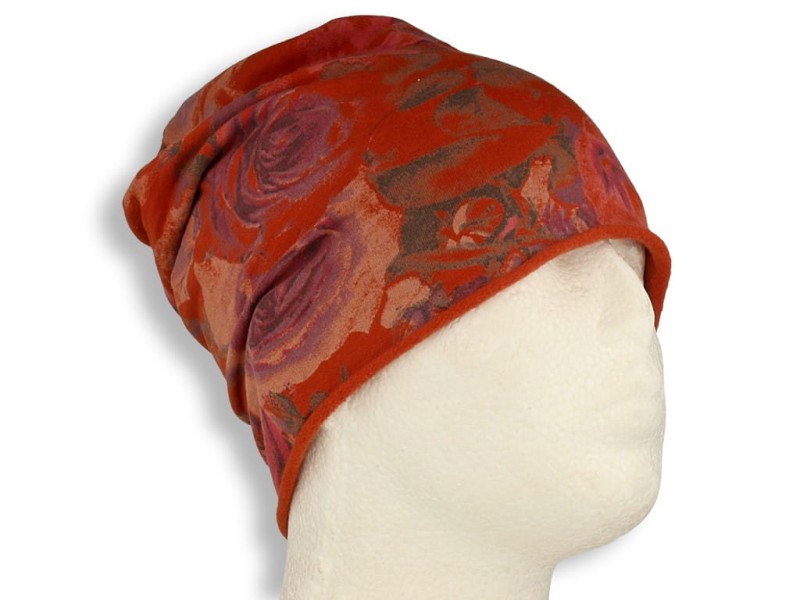Czapka damska Beanie włoska cienka smerfetka bawełna ruda w kwiaty