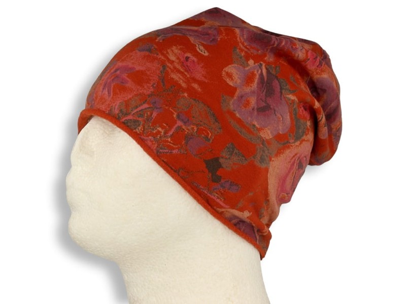 Czapka damska Beanie włoska cienka smerfetka bawełna ruda w kwiaty