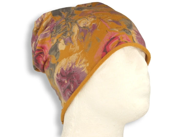 Czapka damska Beanie włoska cienka smerfetka bawełna musztardowa w kwiaty