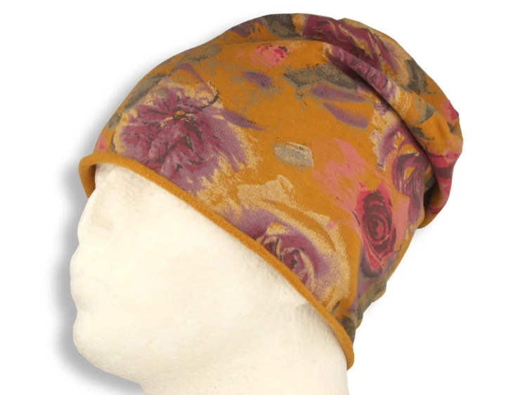 Czapka damska Beanie włoska cienka smerfetka bawełna musztardowa w kwiaty