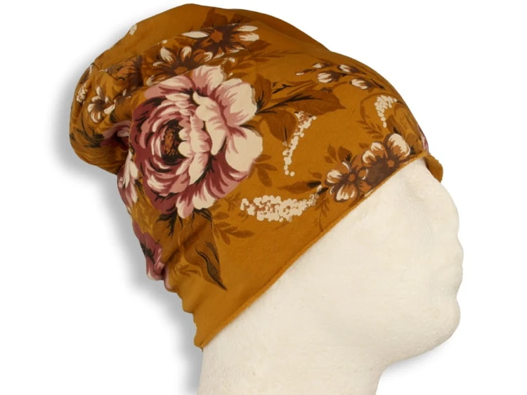 Czapka damska Beanie włoska cienka smerfetka bawełna musztardowa w kwiaty