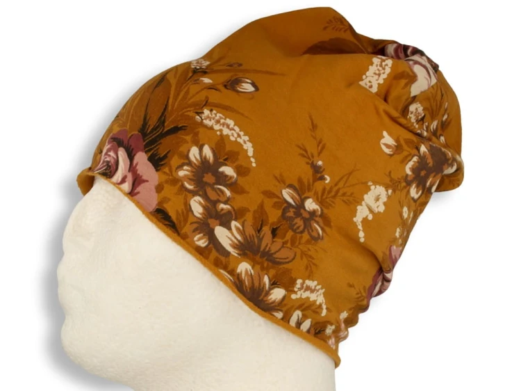 Czapka damska Beanie włoska cienka smerfetka bawełna musztardowa w kwiaty