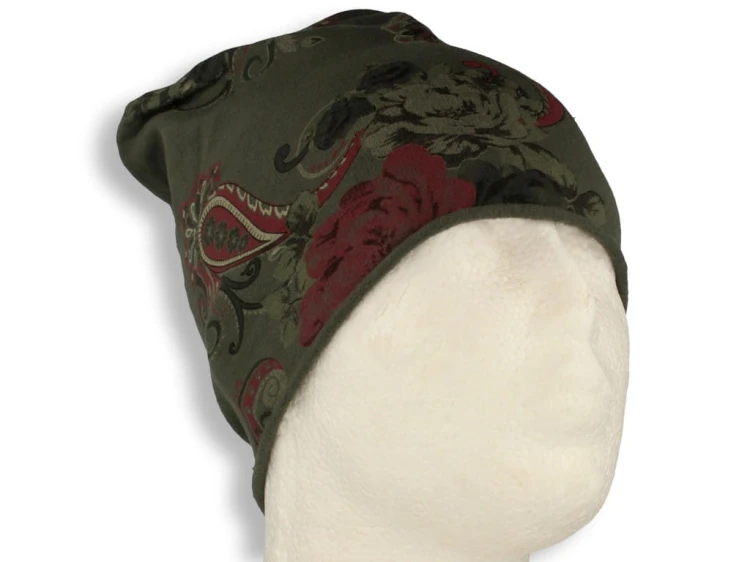 Czapka damska Beanie włoska cienka smerfetka bawełna zielony kwiaty
