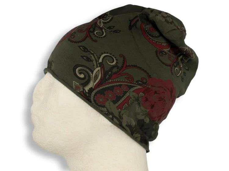 Czapka damska Beanie włoska cienka smerfetka bawełna zielony kwiaty