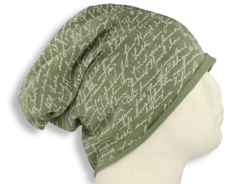 Czapka damska Beanie włoska cienka smerfetka bawełna zielona napisy