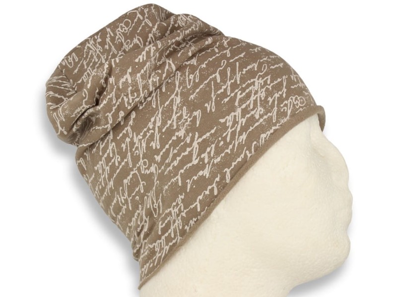 Czapka damska Beanie włoska cienka smerfetka bawełna beżowa napisy