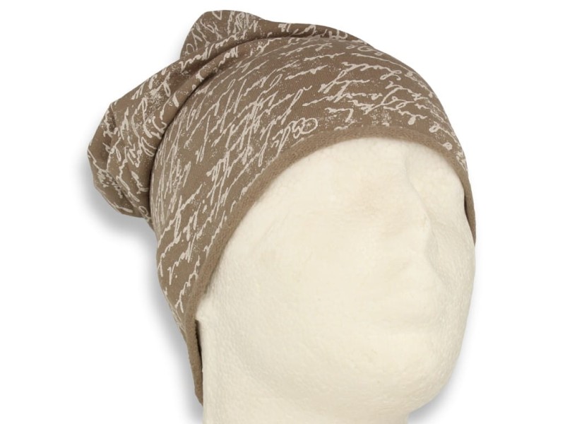 Czapka damska Beanie włoska cienka smerfetka bawełna beżowa napisy