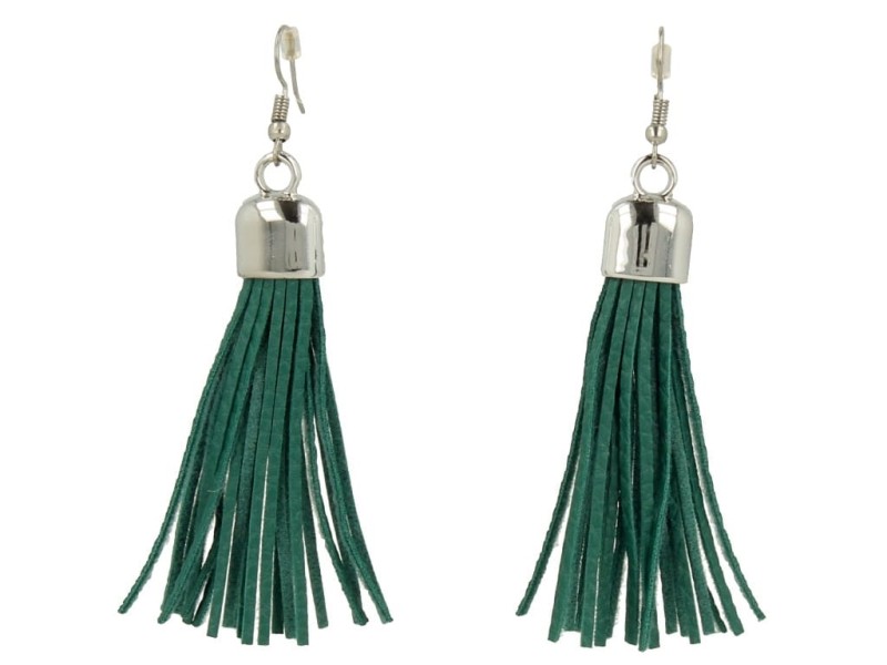 Kolczyki do uszu srebrne chwosty z zielonymi rzemykami