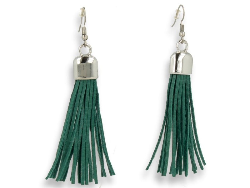 Kolczyki do uszu srebrne chwosty z zielonymi rzemykami