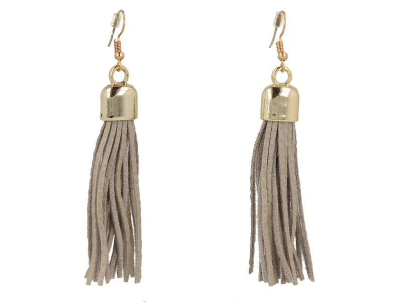 Kolczyki do uszu złote chwosty z szarymi rzemykami