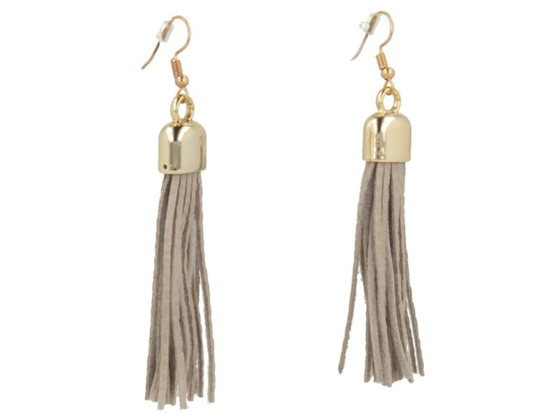 Kolczyki do uszu złote chwosty z szarymi rzemykami