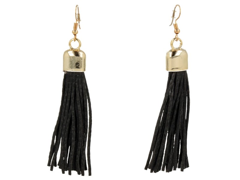 Kolczyki do uszu złote chwosty z czarnymi rzemykami