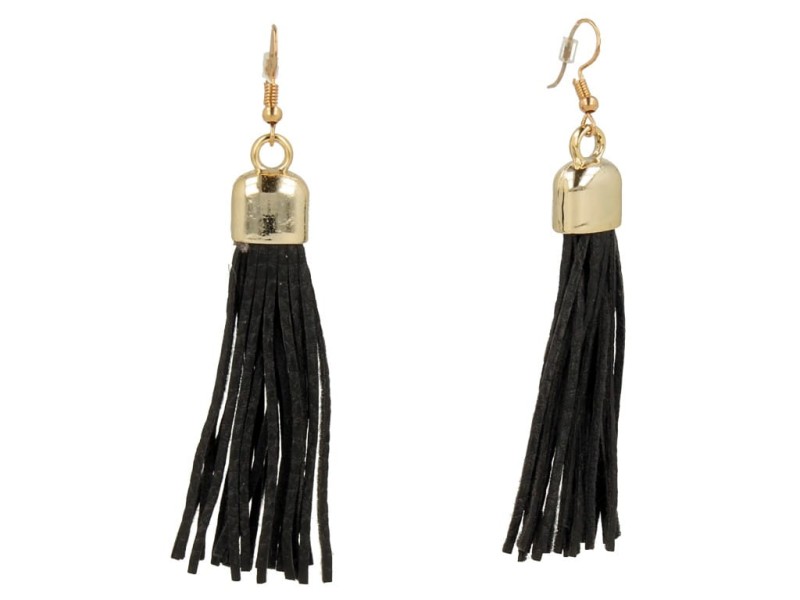 Kolczyki do uszu złote chwosty z czarnymi rzemykami