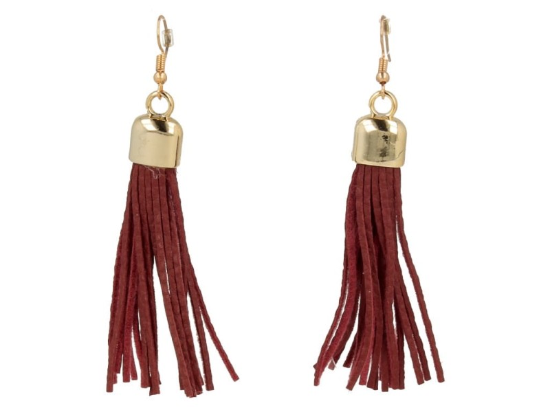 Kolczyki do uszu złote chwosty z bordowymi rzemykami