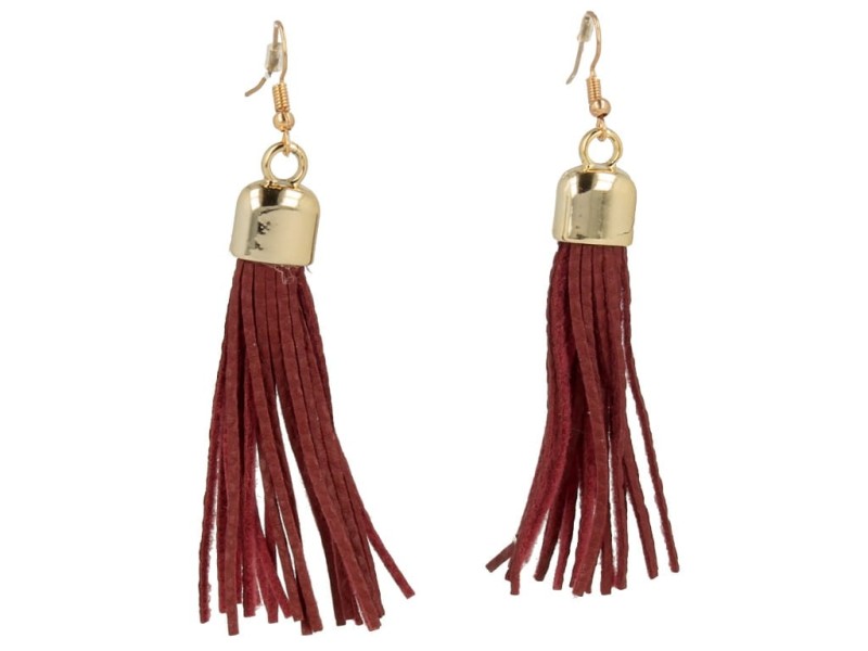 Kolczyki do uszu złote chwosty z bordowymi rzemykami