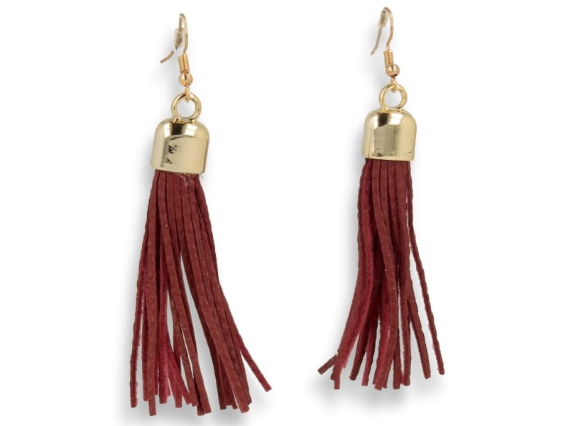 Kolczyki do uszu złote chwosty z bordowymi rzemykami