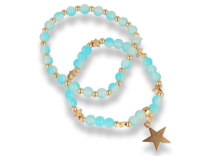 Bransoletka damska złota podwójna turkusowa z gwiazdką