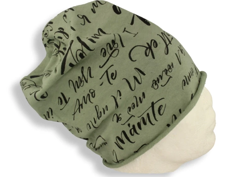 Czapka damska Beanie włoska cienka smerfetka bawełna zielona z napisami