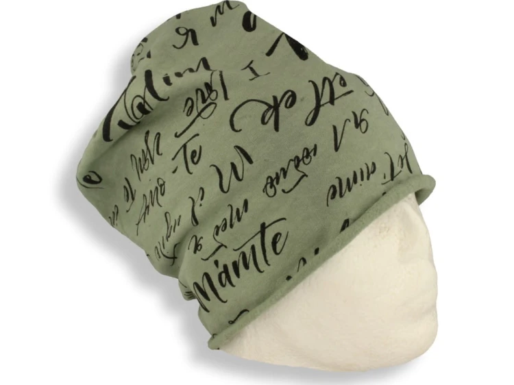 Czapka damska Beanie włoska cienka smerfetka bawełna zielona z napisami