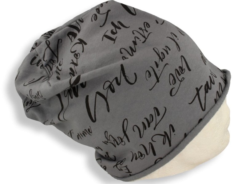 Czapka damska Beanie włoska cienka smerfetka bawełna szara z napisami