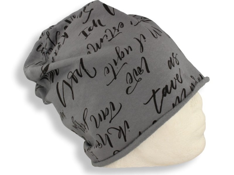 Czapka damska Beanie włoska cienka smerfetka bawełna szara z napisami