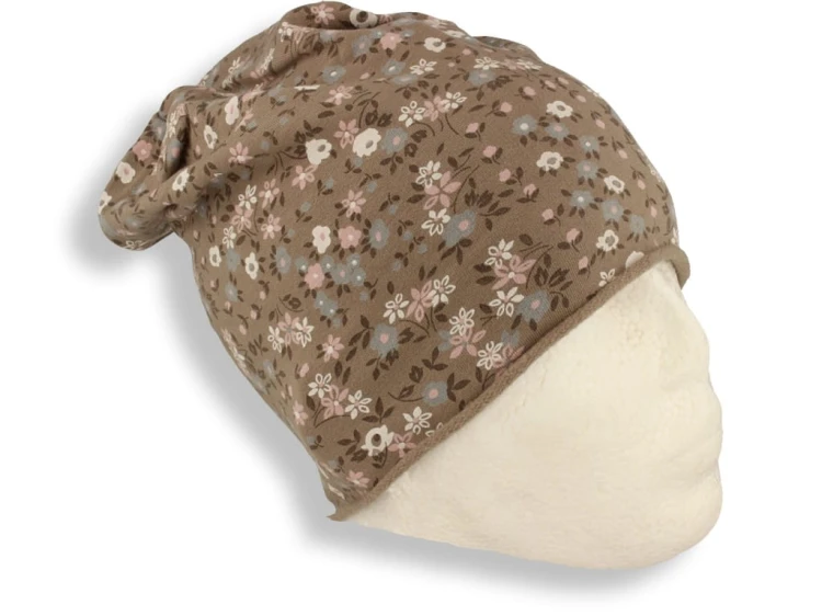 Czapka damska Beanie włoska cienka smerfetka beżowa w kwiatuszki