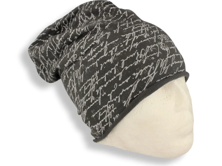 Czapka damska Beanie włoska cienka smerfetka grafitowa w napisy