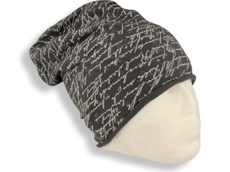 Czapka damska Beanie włoska cienka smerfetka grafitowa w napisy